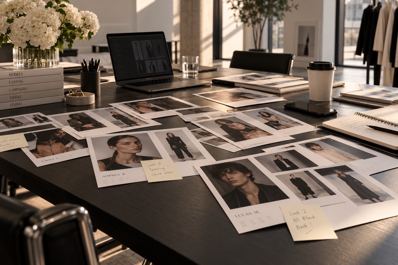 Model cards and polaroids spread on a casting table