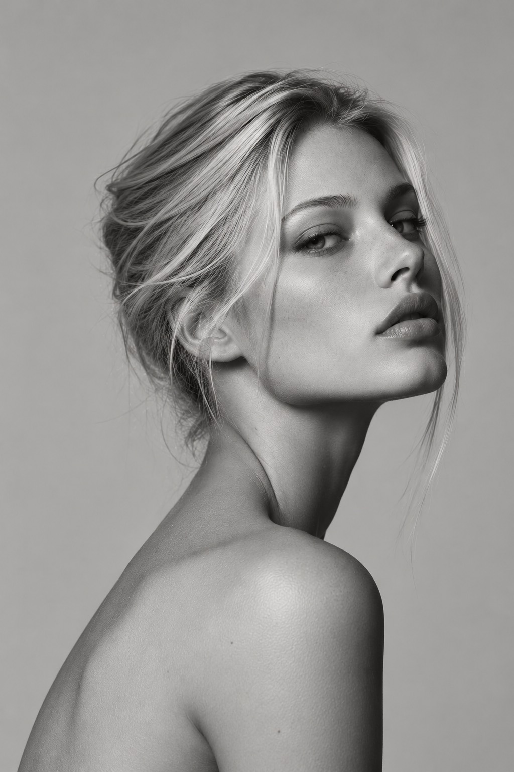 Black-and-white studio portrait of a model looking over her shoulder