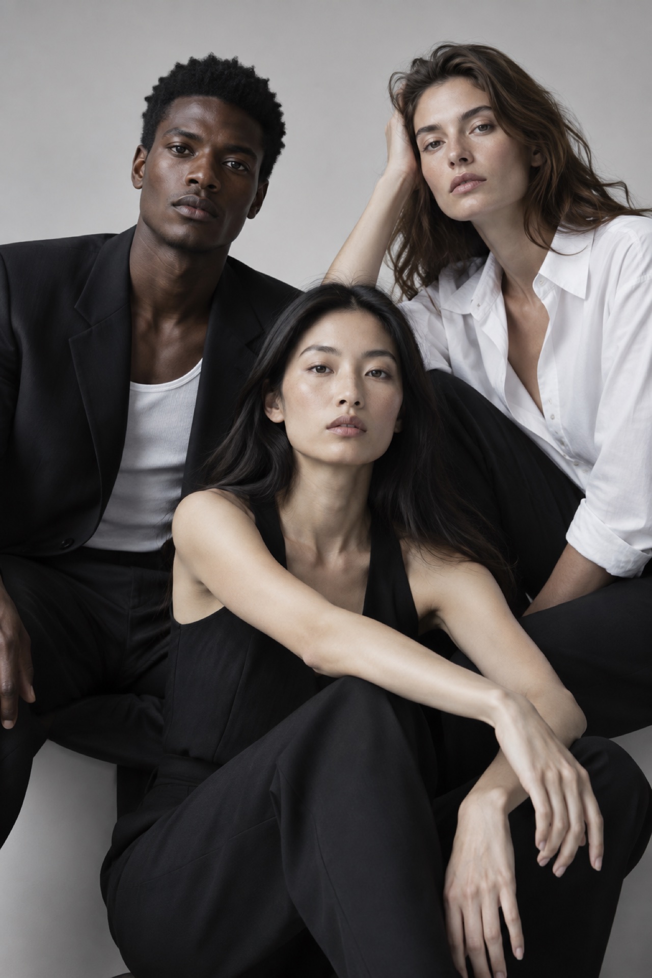 Three fashion models in a monochrome studio portrait